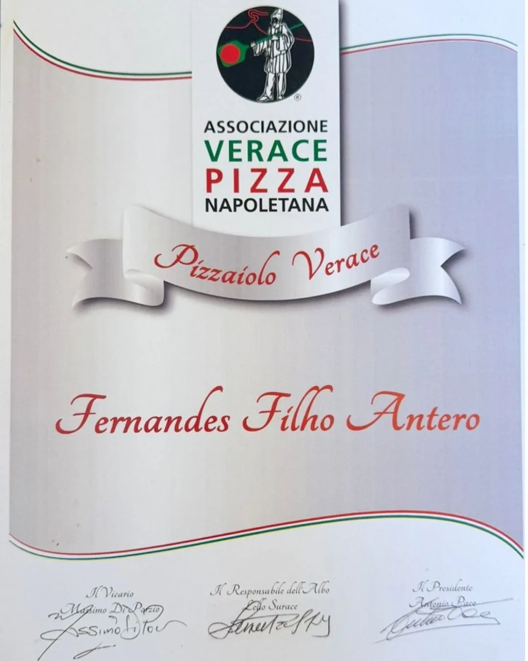 Diploma do Mestre Pizzaiolo Anthero, formado em Nápoles e credenciado pela AVPN